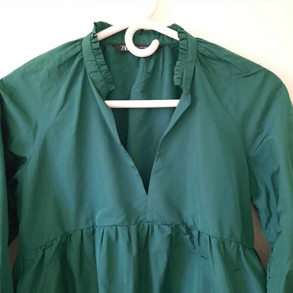Zara Voluminous Taffeta Green Tiered Min Dress Bloggers Favorite Balloon Sleeve - Picture 14 of 16